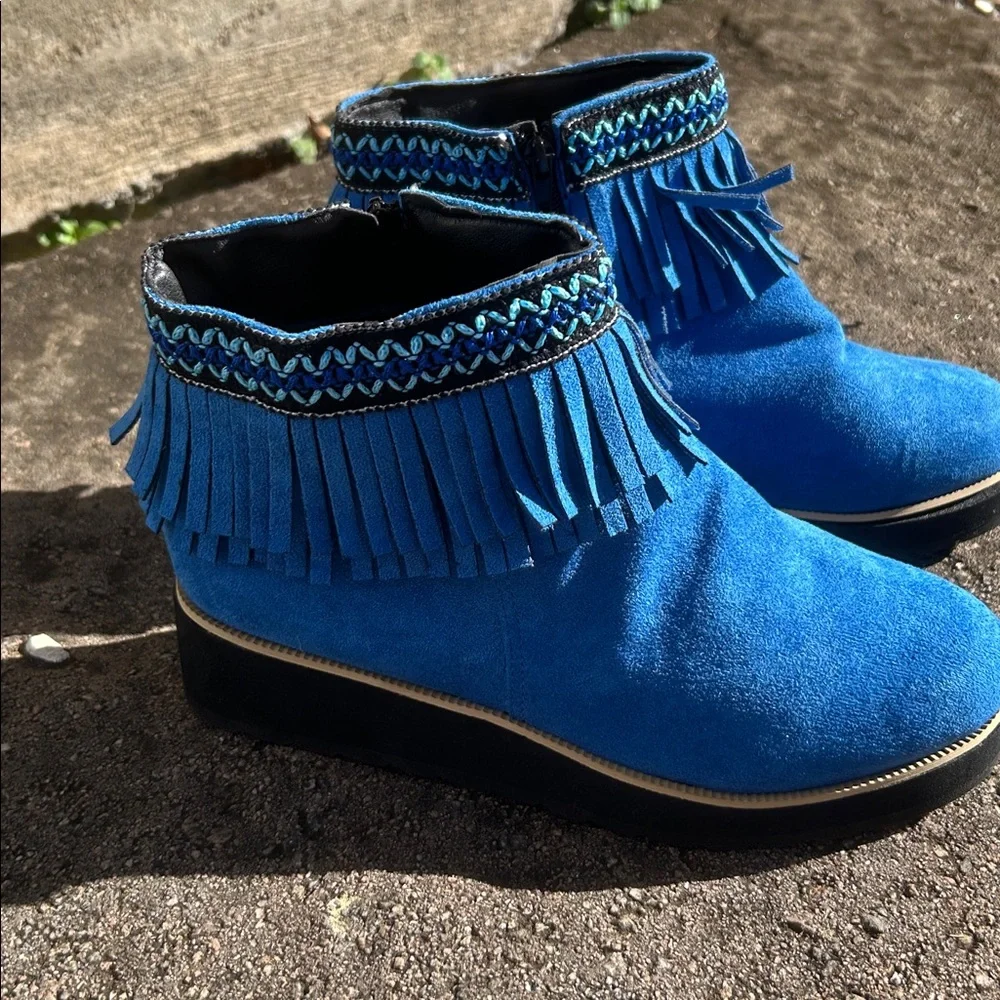 Women's Platform Ankle Booties Casual Fringe Round Toe Chunky Heel Tassel Ethnic - Picture 2 of 11
